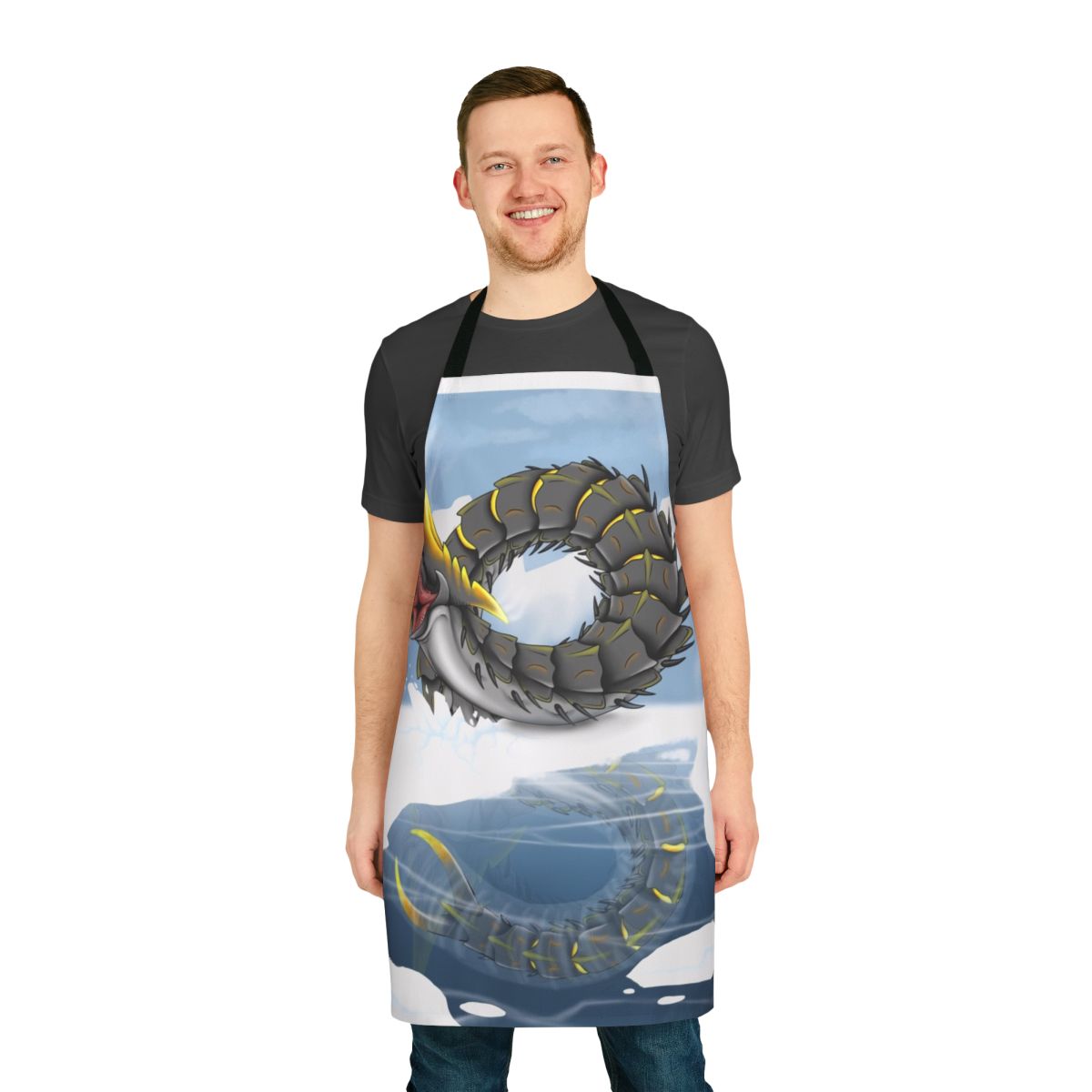 Illustration of an ice worm on a black background printed on a cooking apron