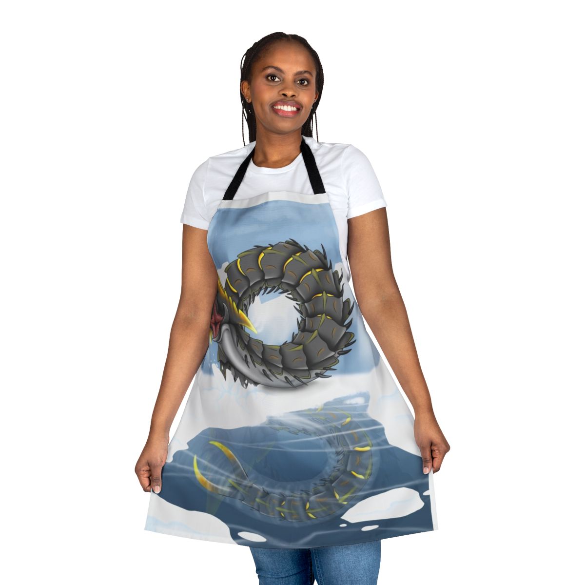 Illustration of an ice worm on a black background printed on a cooking apron