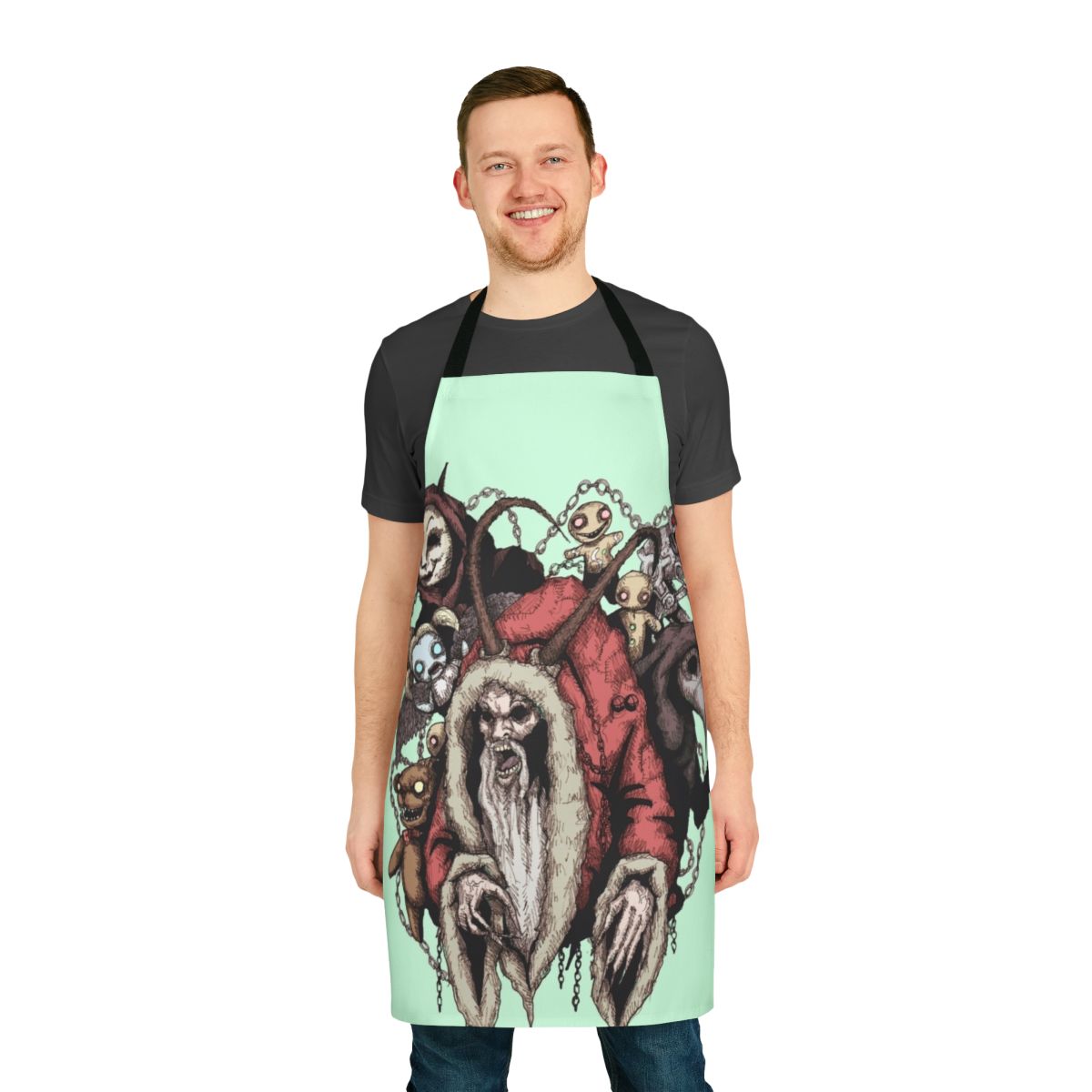 Krampus-inspired apron with dark, gothic imagery for holiday horror fans