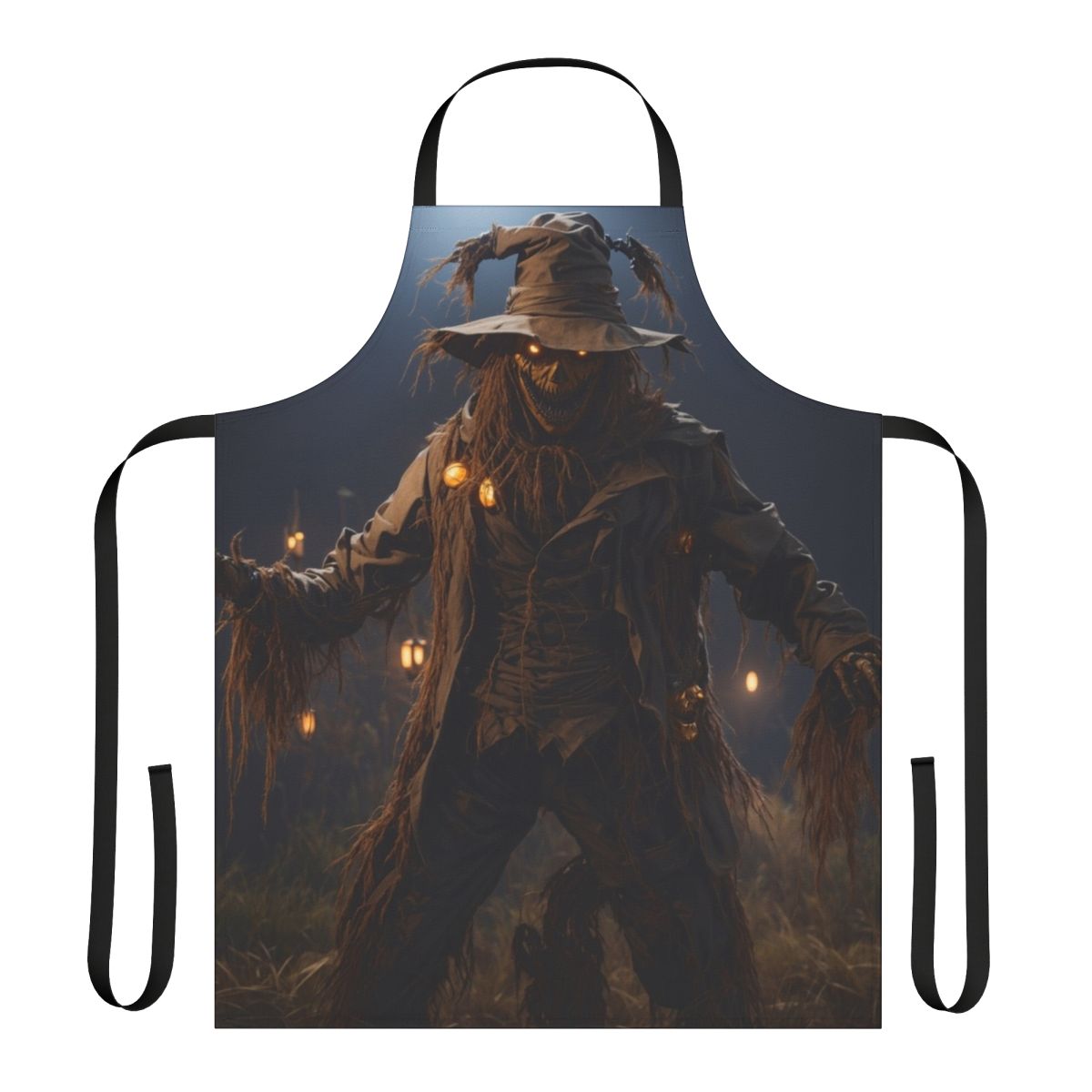 A spooky and gory scarecrow-themed apron, perfect for horror fans and Halloween enthusiasts.