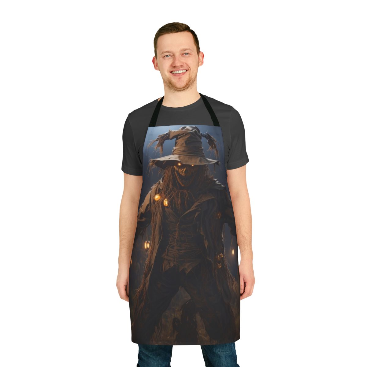 A spooky and gory scarecrow-themed apron, perfect for horror fans and Halloween enthusiasts.