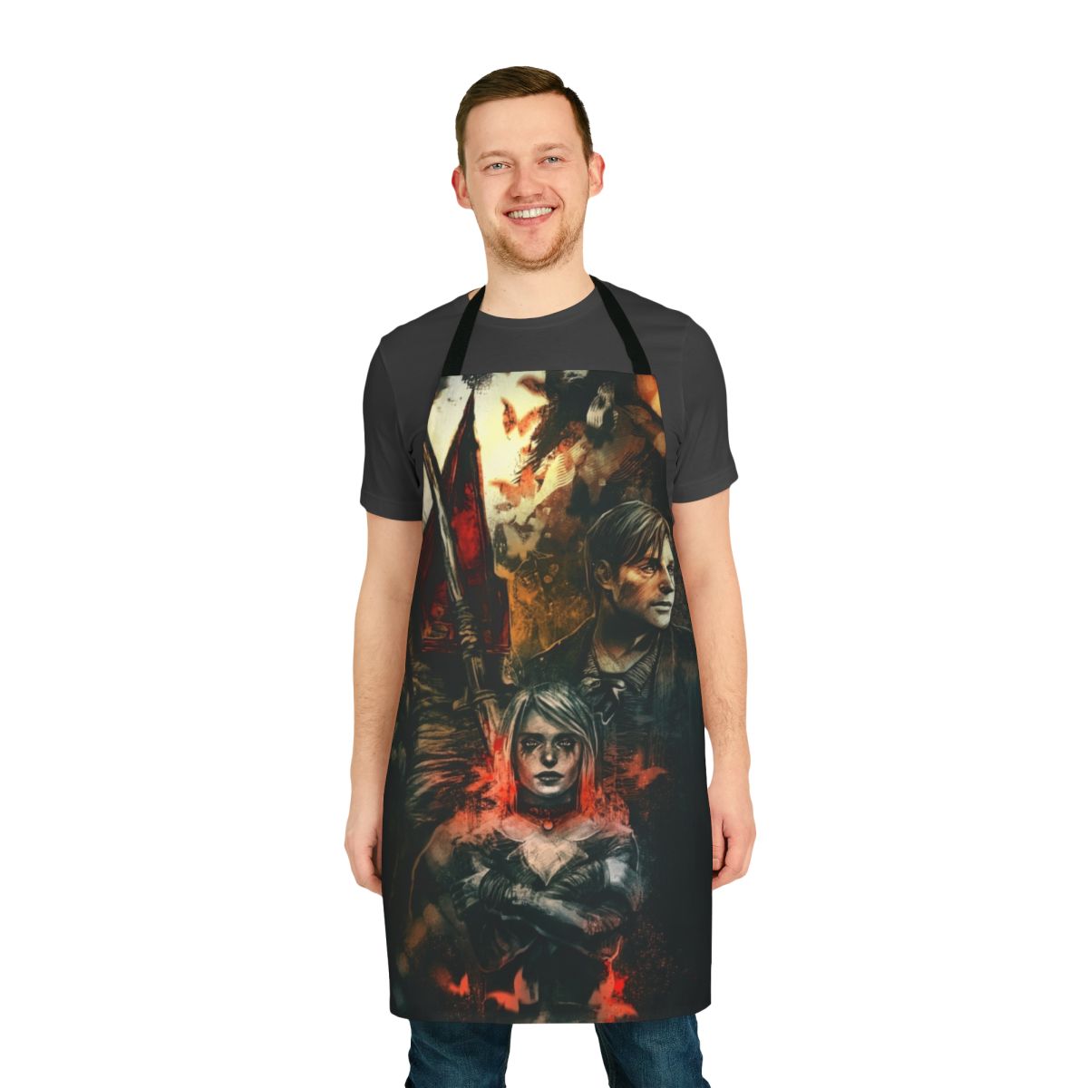 Silent Hill 2 inspired apron with Pyramid Head and other characters