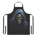 A dark apron featuring a fearsome skeleton design with moody lighting and ominous atmosphere.