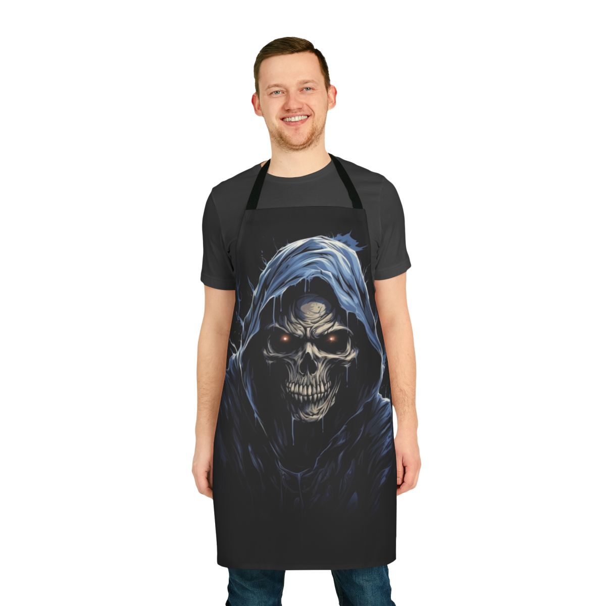 A dark apron featuring a fearsome skeleton design with moody lighting and ominous atmosphere.