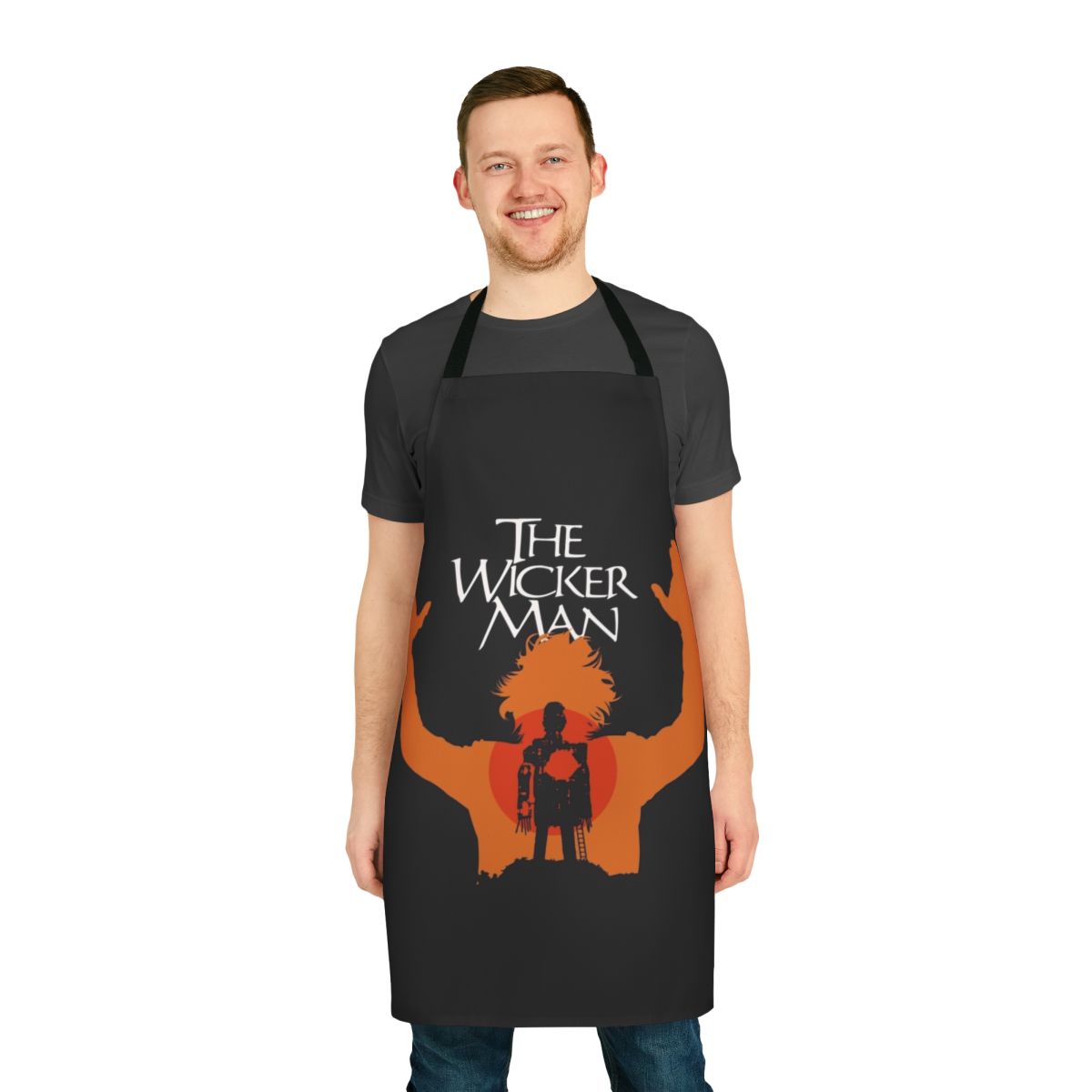Apron featuring imagery and text inspired by the classic British horror film "The Wicker Man"