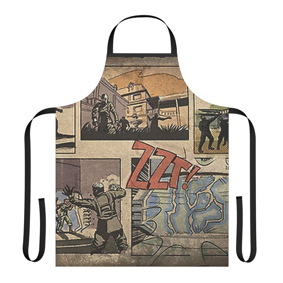 Zombies-themed apron with a comic-style loading screen design, perfect for fans of the Call of Duty video game franchise.