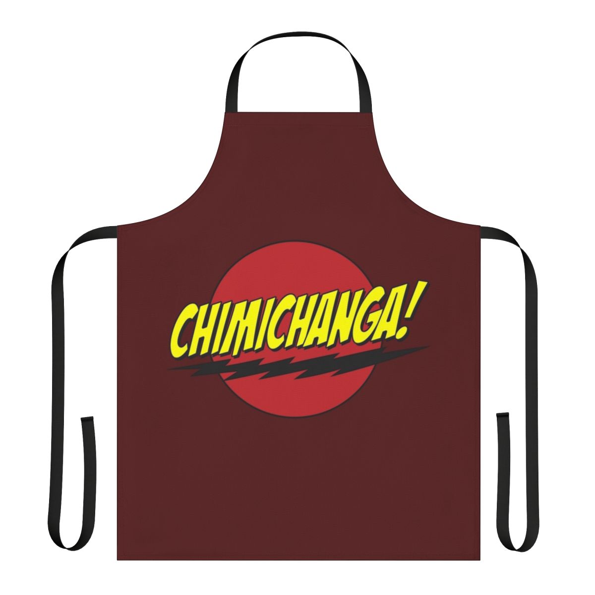 Chimichanga-themed apron with mercenary and superhero parody design