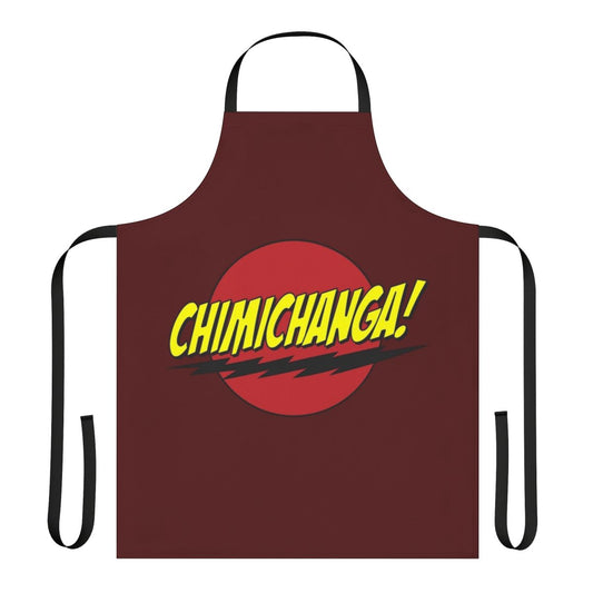 Chimichanga-themed apron with mercenary and superhero parody design