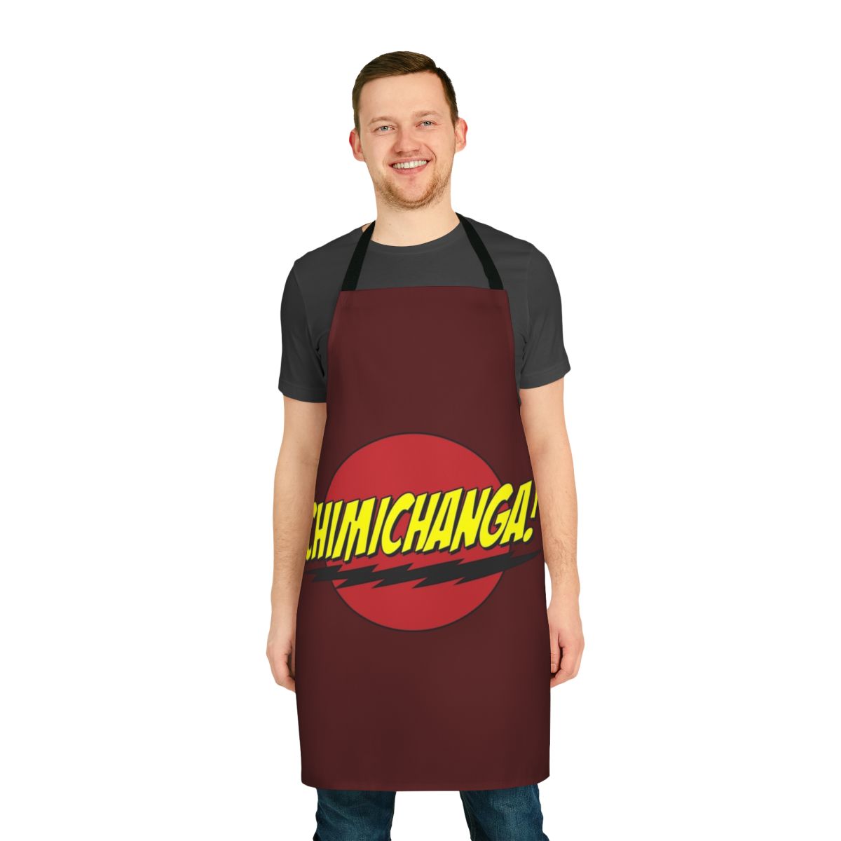 Chimichanga-themed apron with mercenary and superhero parody design
