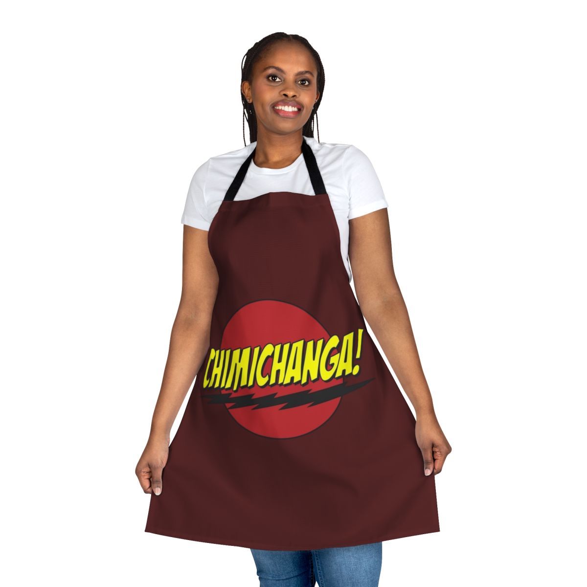 Chimichanga-themed apron with mercenary and superhero parody design