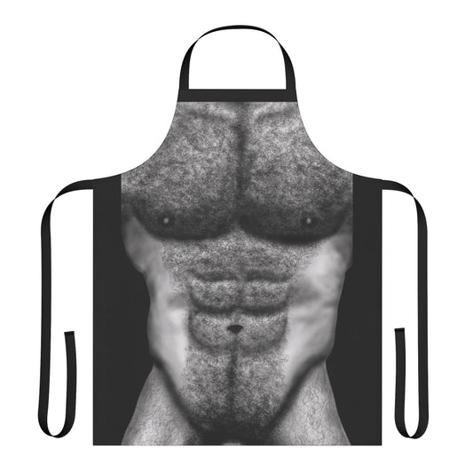 A stylized black and white image of a muscular male torso with prominent chest hair and abs, featured on an apron.