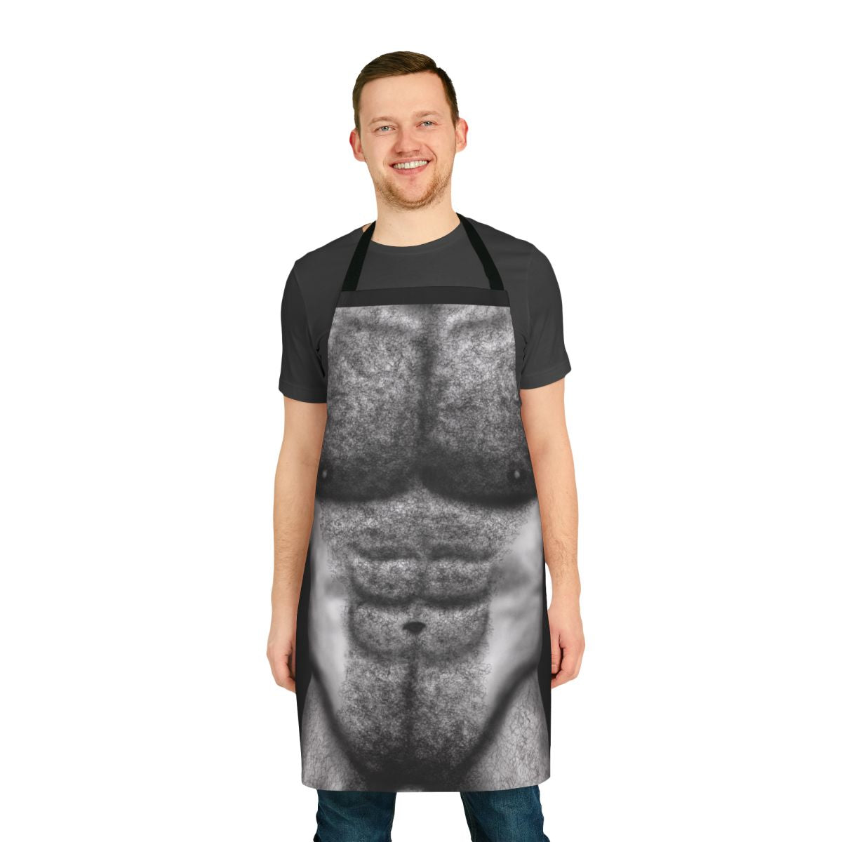 A stylized black and white image of a muscular male torso with prominent chest hair and abs, featured on an apron.