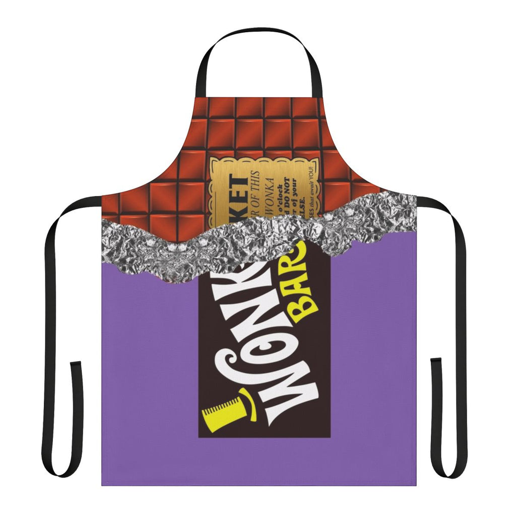 A whimsical chocolate-themed apron with a golden ticket design, inspired by the classic Willy Wonka story.