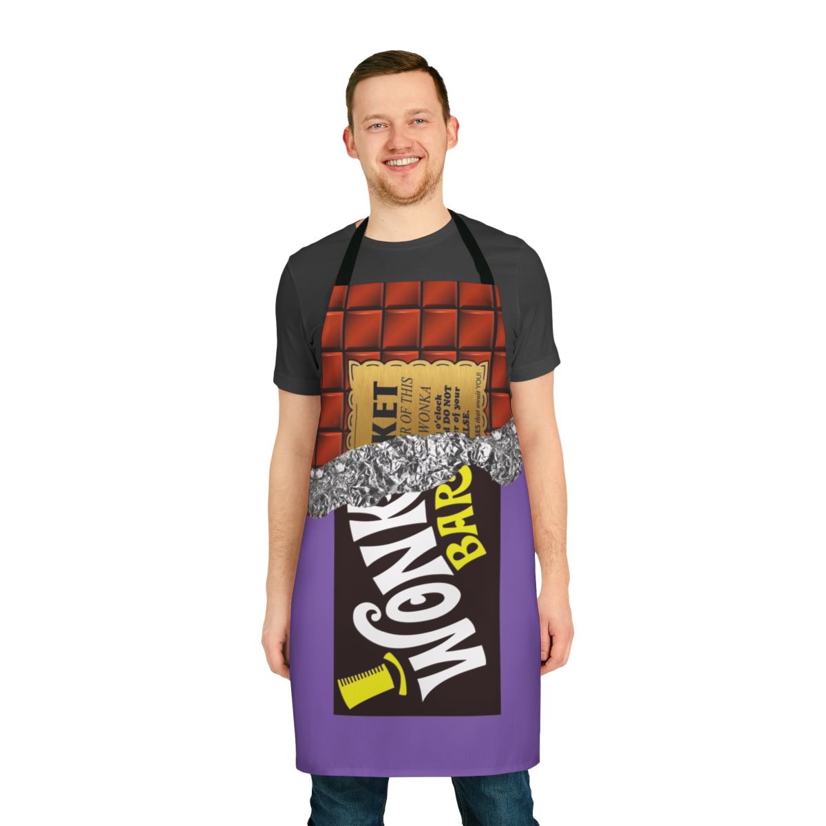 A whimsical chocolate-themed apron with a golden ticket design, inspired by the classic Willy Wonka story.