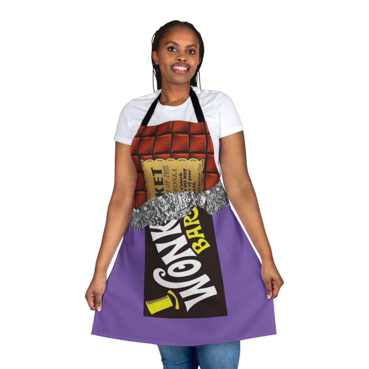 A whimsical chocolate-themed apron with a golden ticket design, inspired by the classic Willy Wonka story.