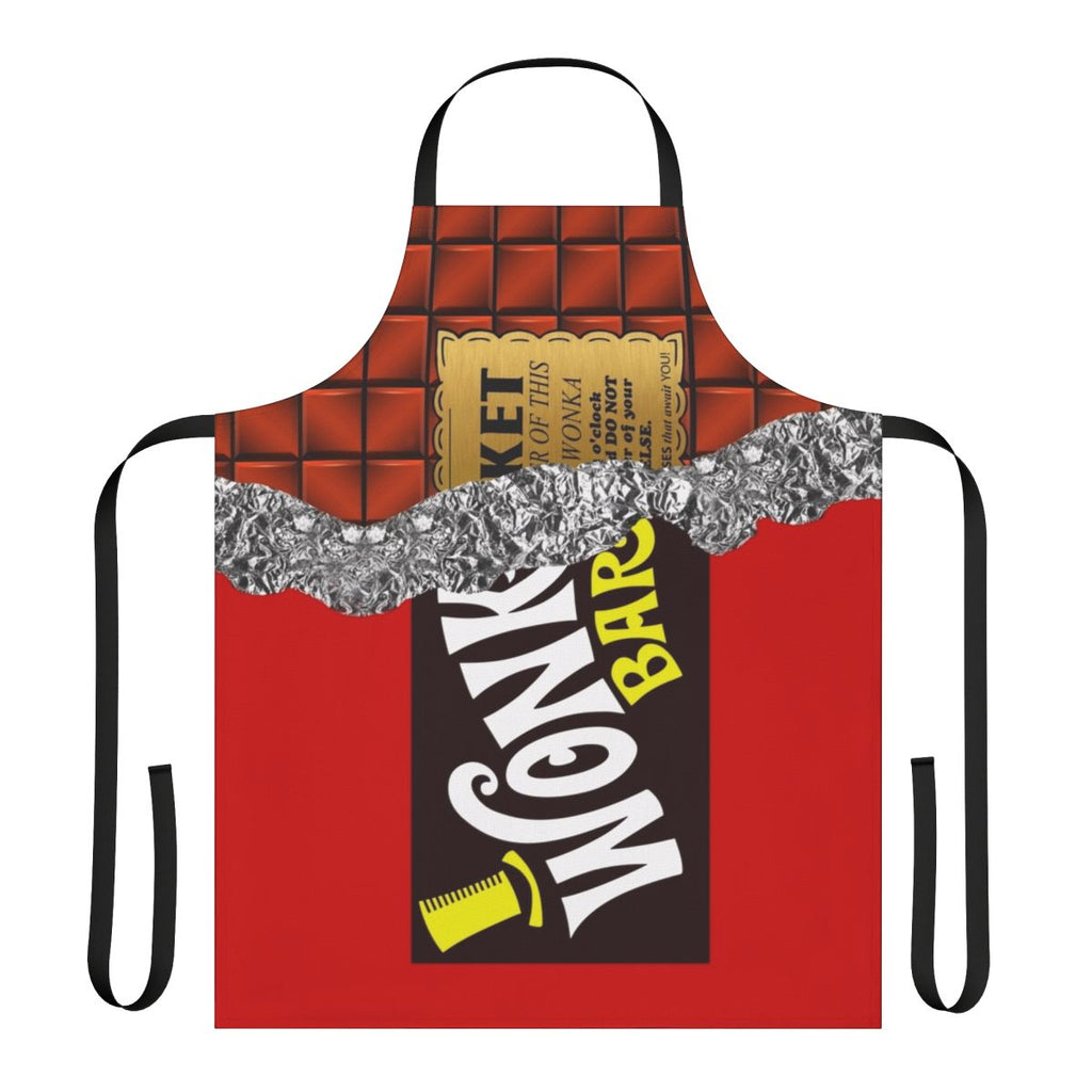 Chocolate-themed apron inspired by Willy Wonka's chocolate factory and the golden ticket