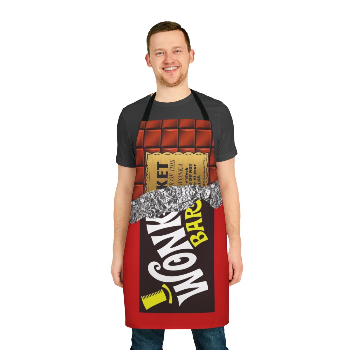 Chocolate-themed apron inspired by Willy Wonka's chocolate factory and the golden ticket