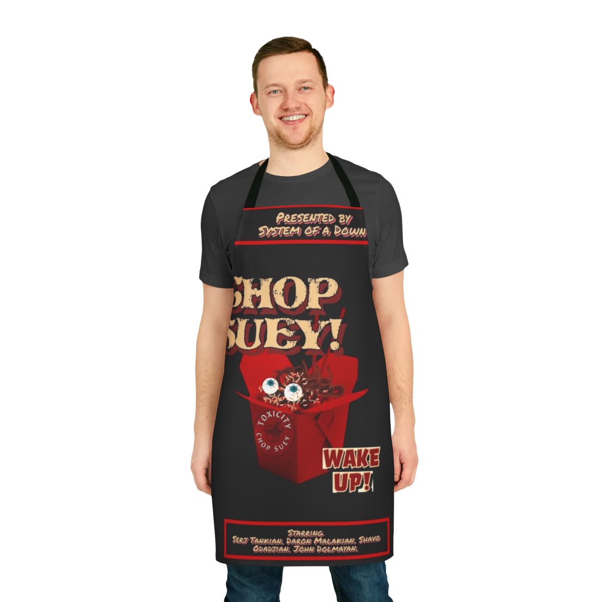 Chop Suey-inspired horror music apron featuring bold, graphic design