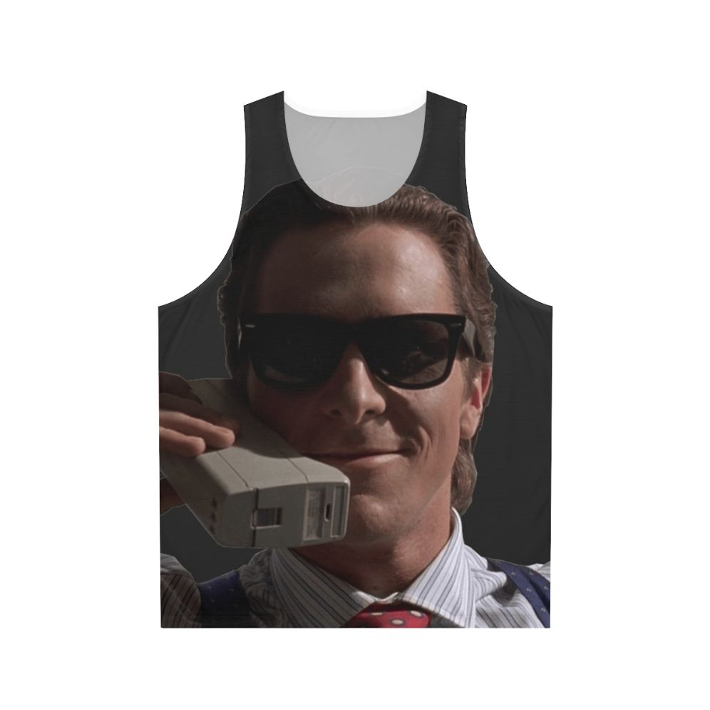 Christian Bale as Patrick Bateman from American Psycho wearing a cell phone in an unisex tank top