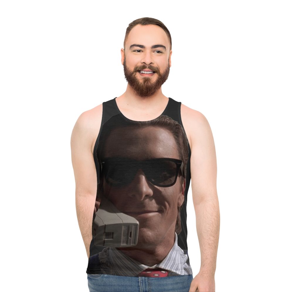 Christian Bale as Patrick Bateman from American Psycho wearing a cell phone in an unisex tank top