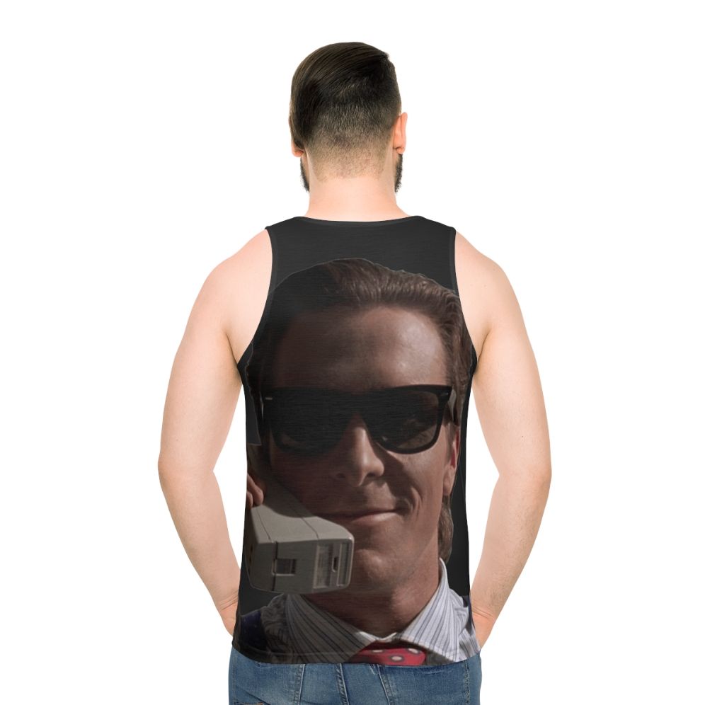 Christian Bale as Patrick Bateman from American Psycho wearing a cell phone in an unisex tank top