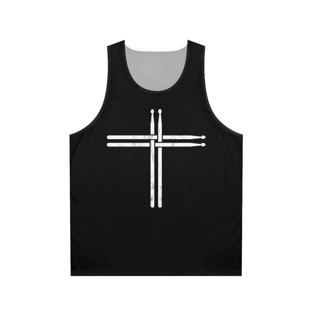 Christian drummer holding drum sticks in the shape of a cross
