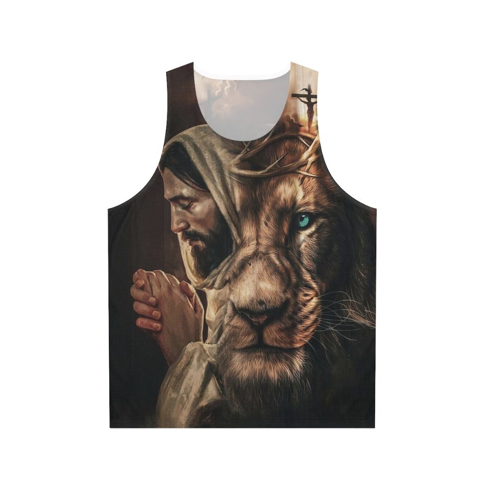 Christian unisex tank top with lion of Judah and praying design