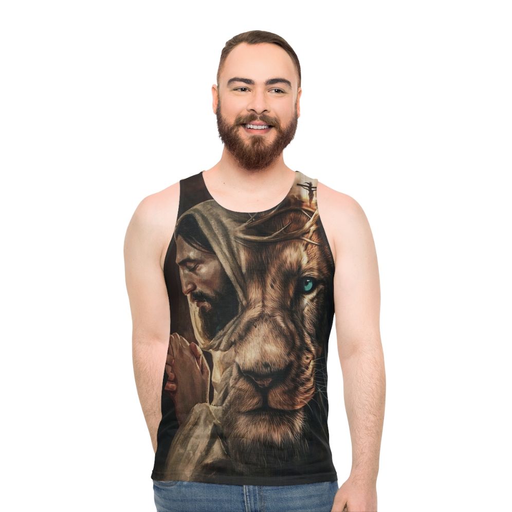 Christian unisex tank top with lion of Judah and praying design