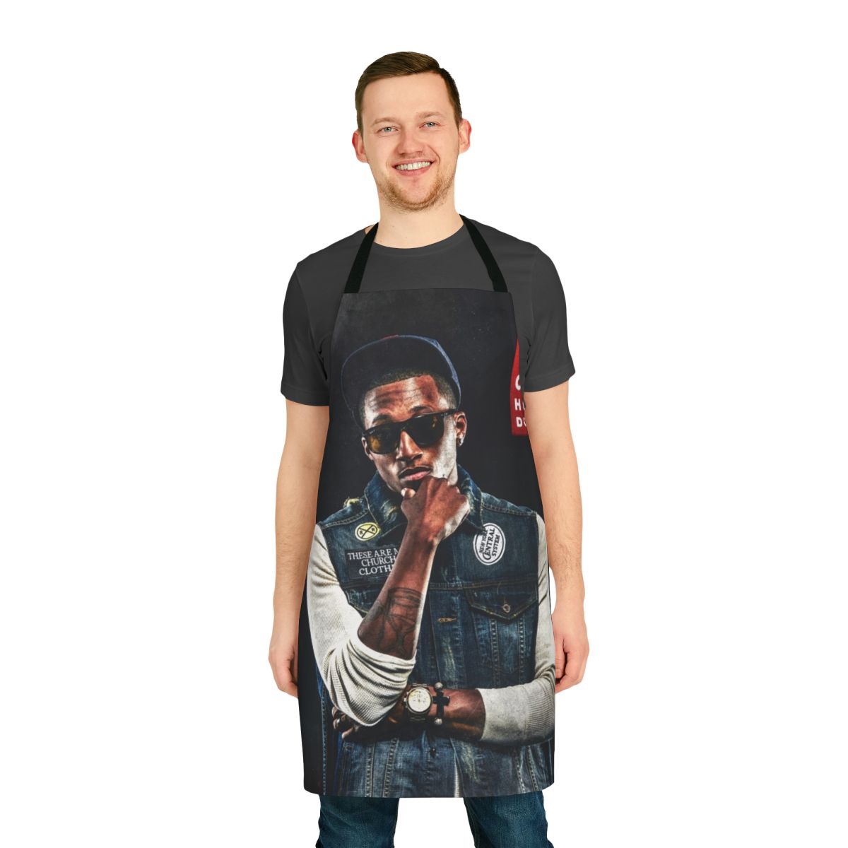 Lecrae-inspired church clothes themed apron