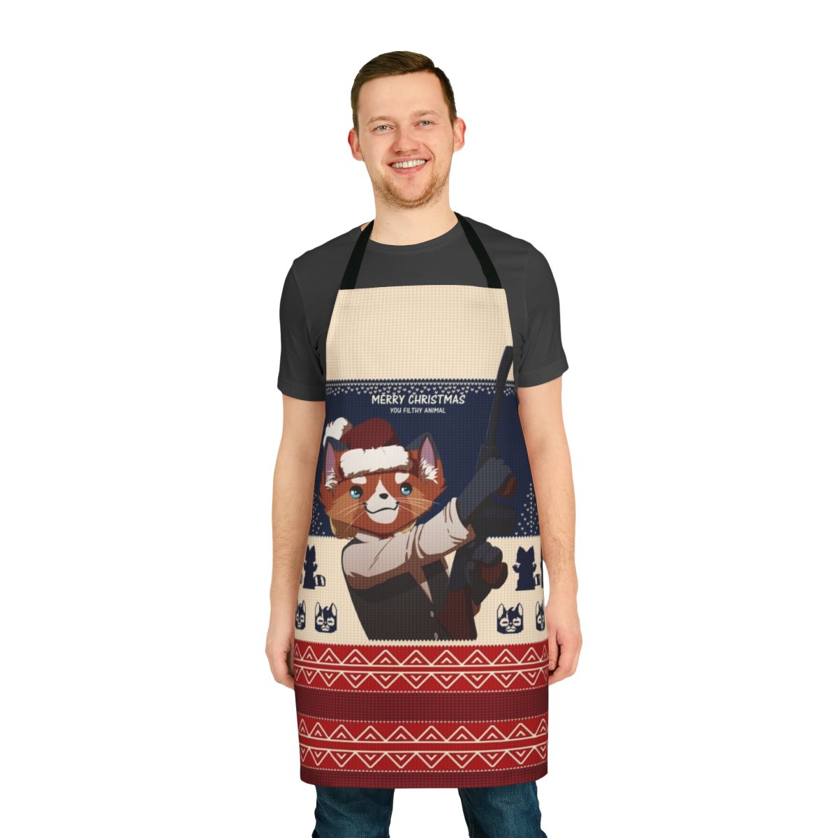 Christmas-themed apron featuring a "Merry Christmas You Filthy Animal" design inspired by the movie Home Alone.
