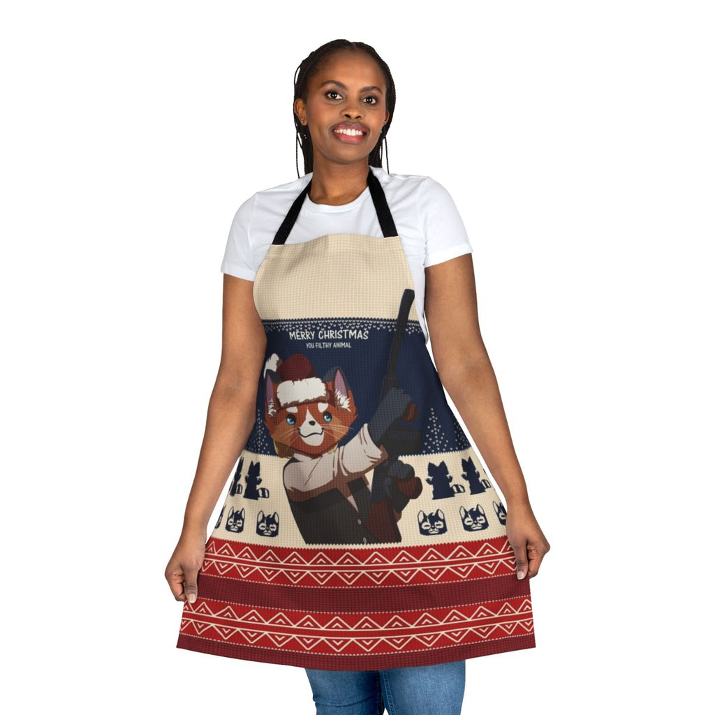 Christmas-themed apron featuring a "Merry Christmas You Filthy Animal" design inspired by the movie Home Alone.