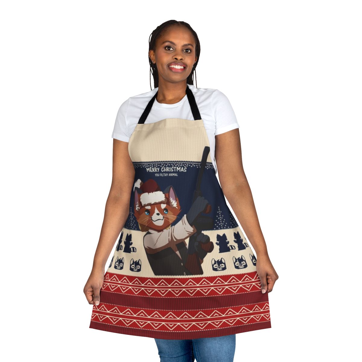Christmas-themed apron featuring a "Merry Christmas You Filthy Animal" design inspired by the movie Home Alone.