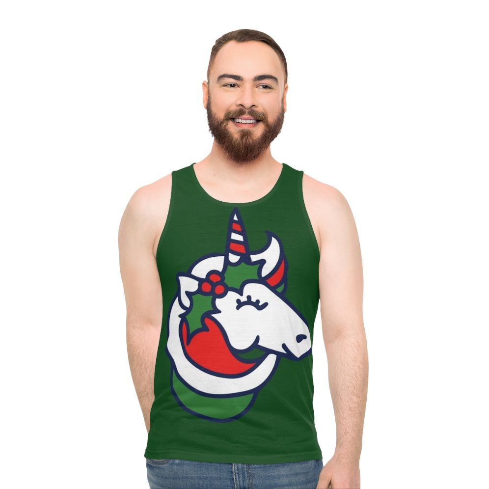 Christmas unicorn graphic on a unisex tank top