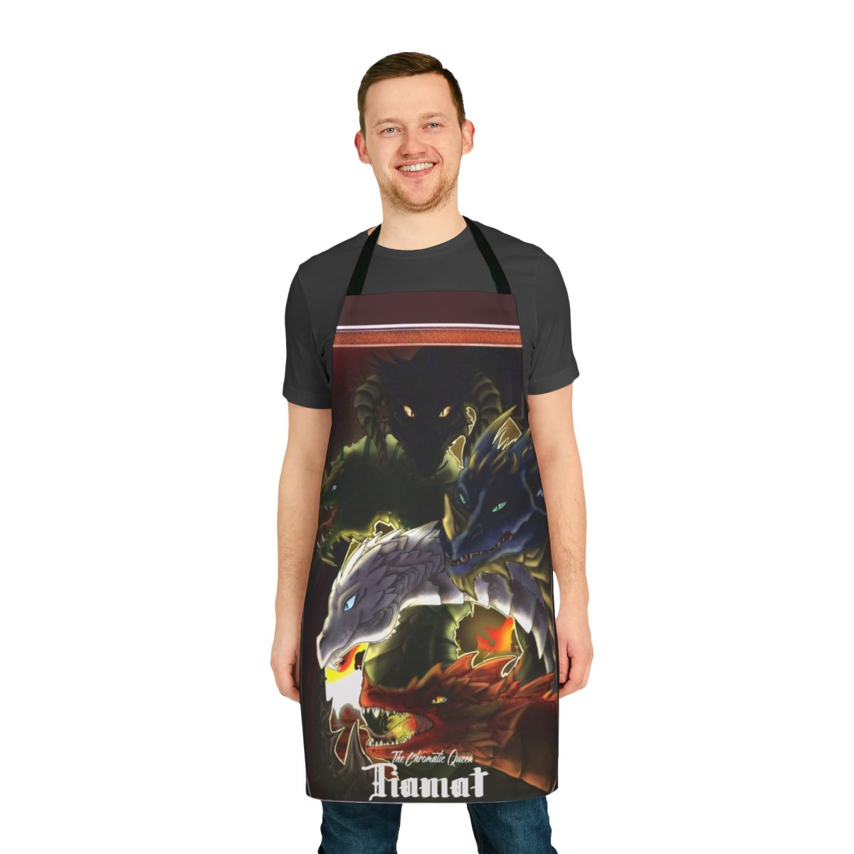 Tiamat the Chromatic Dragon themed apron with vibrant colors and dragon art design.