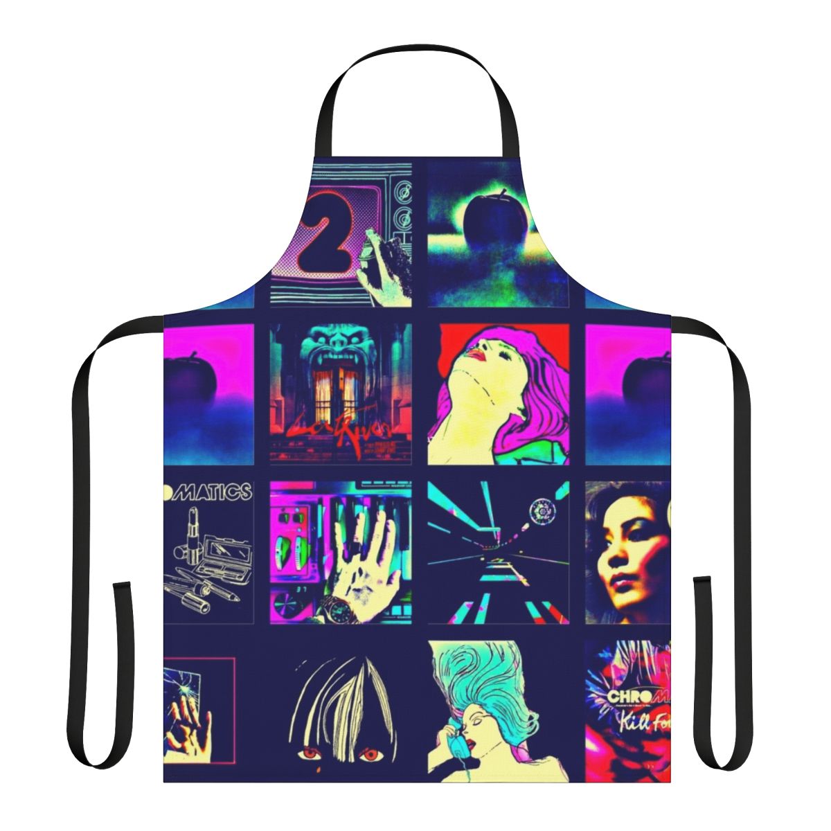 Chromatics-inspired kitchen apron with musical notes and synth-pop design