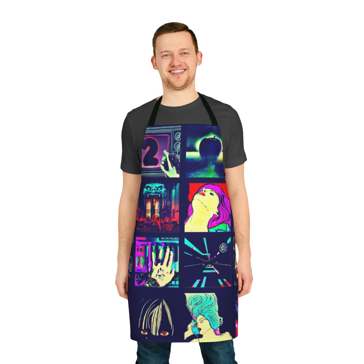 Chromatics-inspired kitchen apron with musical notes and synth-pop design