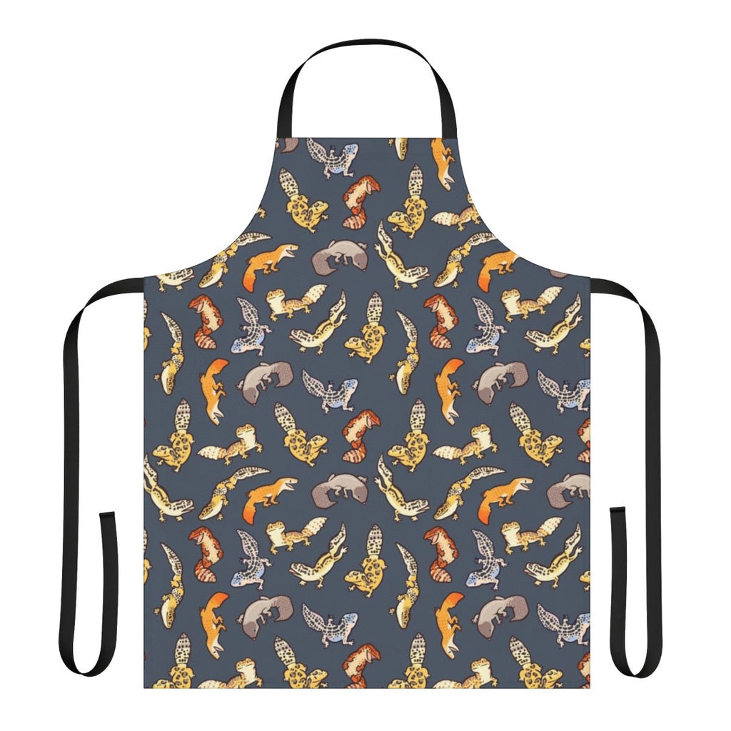 Chub gecko pattern printed on a dark grey apron for reptile enthusiasts