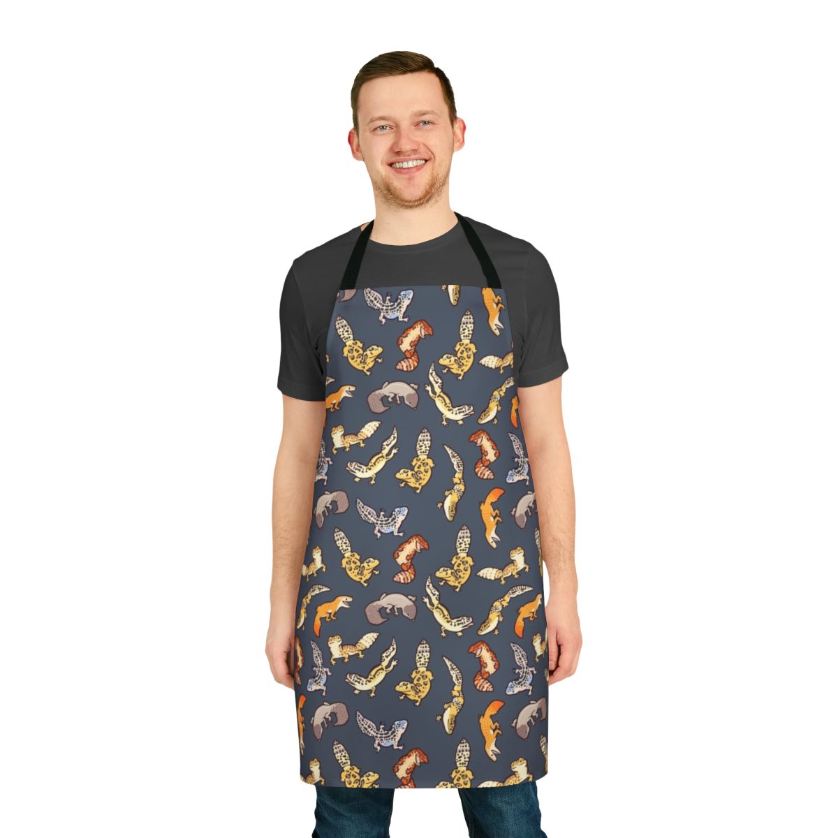 Chub gecko pattern printed on a dark grey apron for reptile enthusiasts