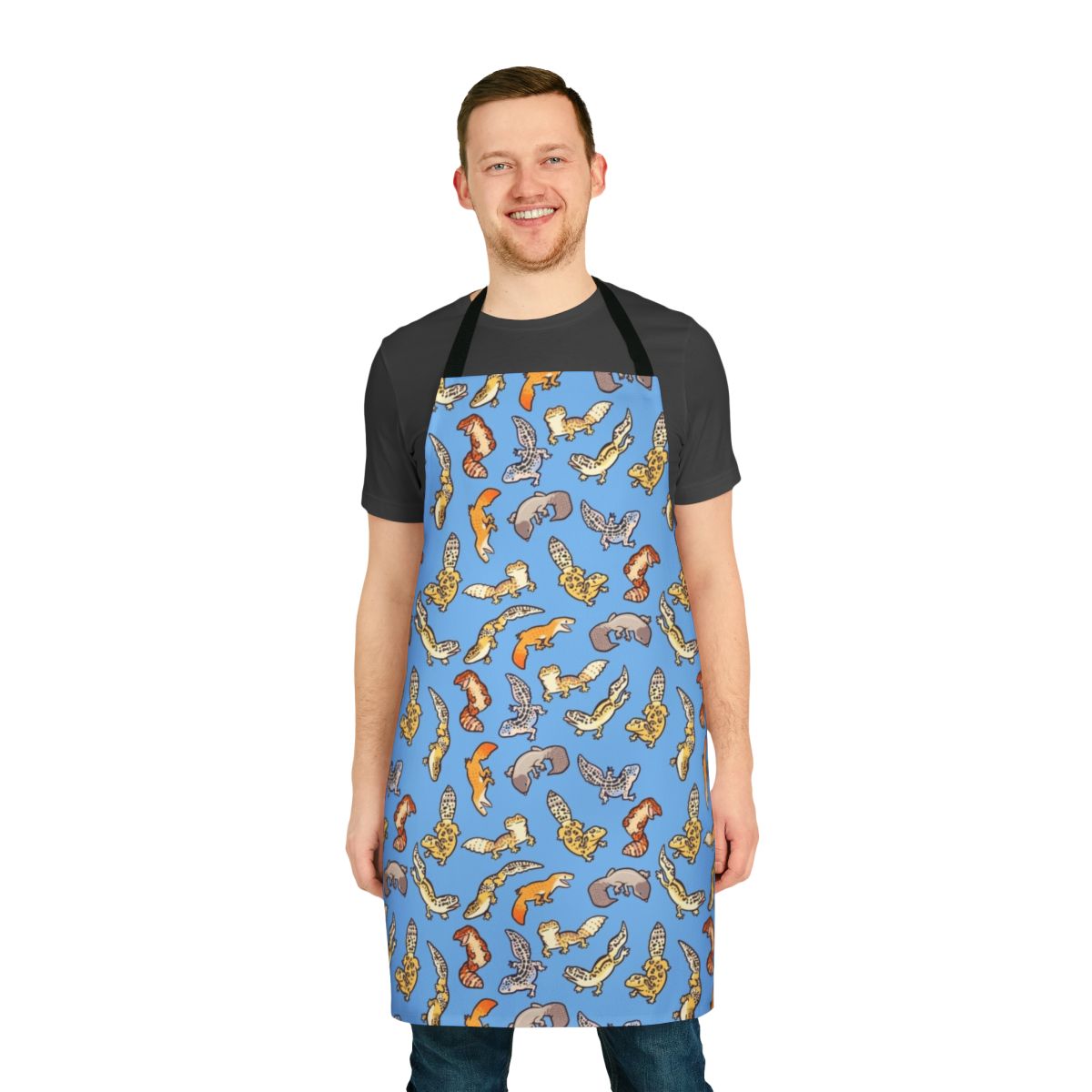 Chub geckos and leopard gecko inspired apron with a vibrant, patterned design