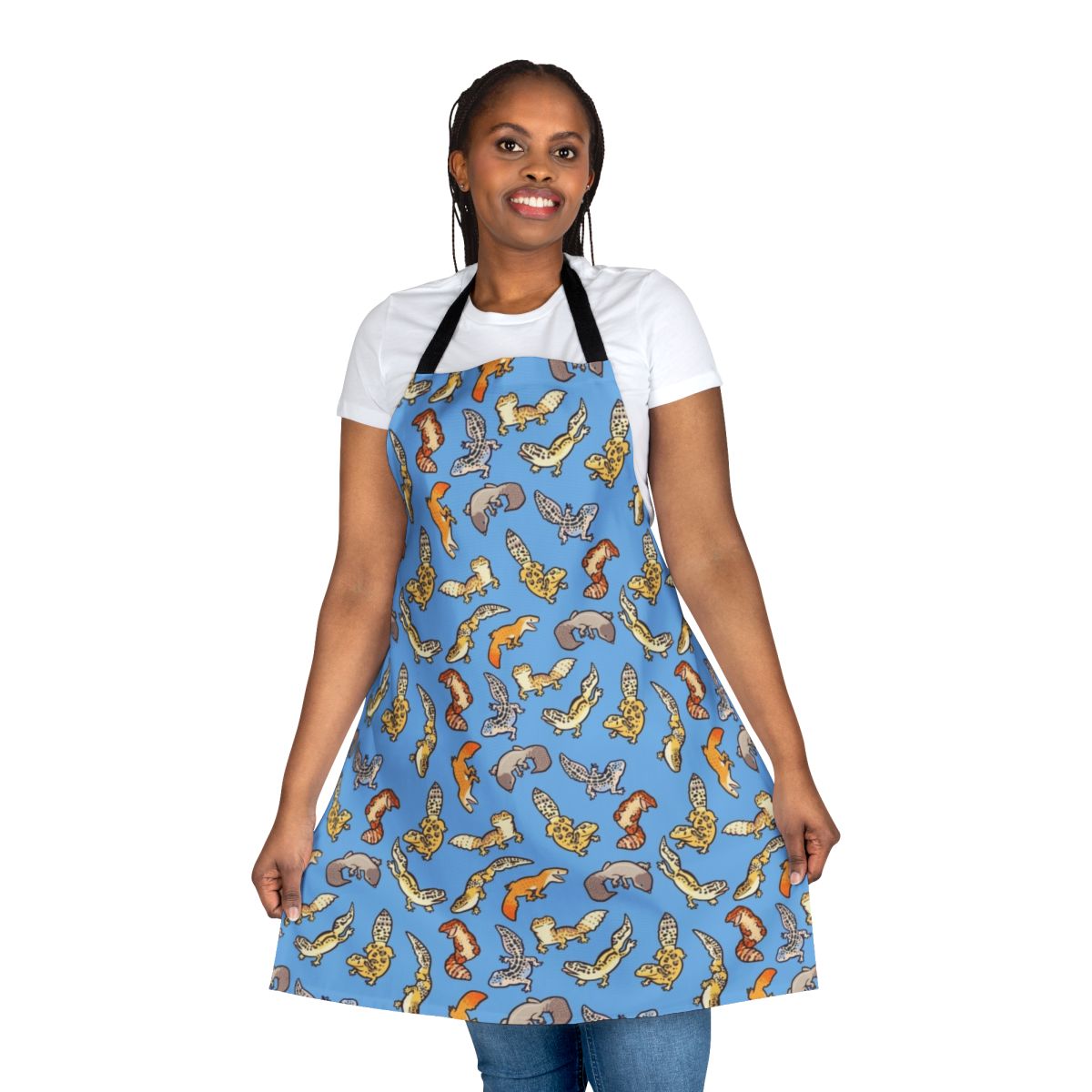 Chub geckos and leopard gecko inspired apron with a vibrant, patterned design