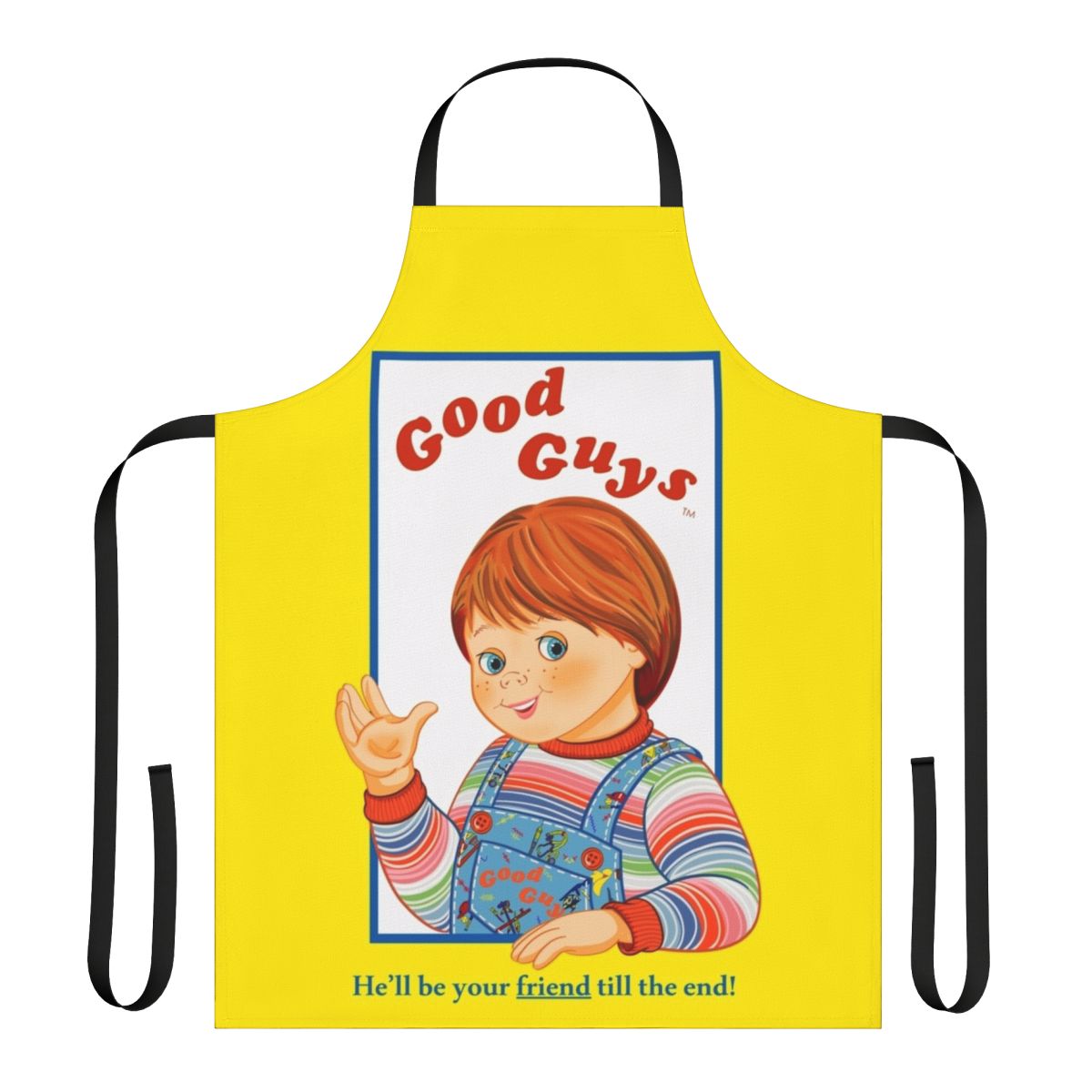 Chucky-inspired apron featuring the Good Guys doll from the Child's Play horror movie franchise