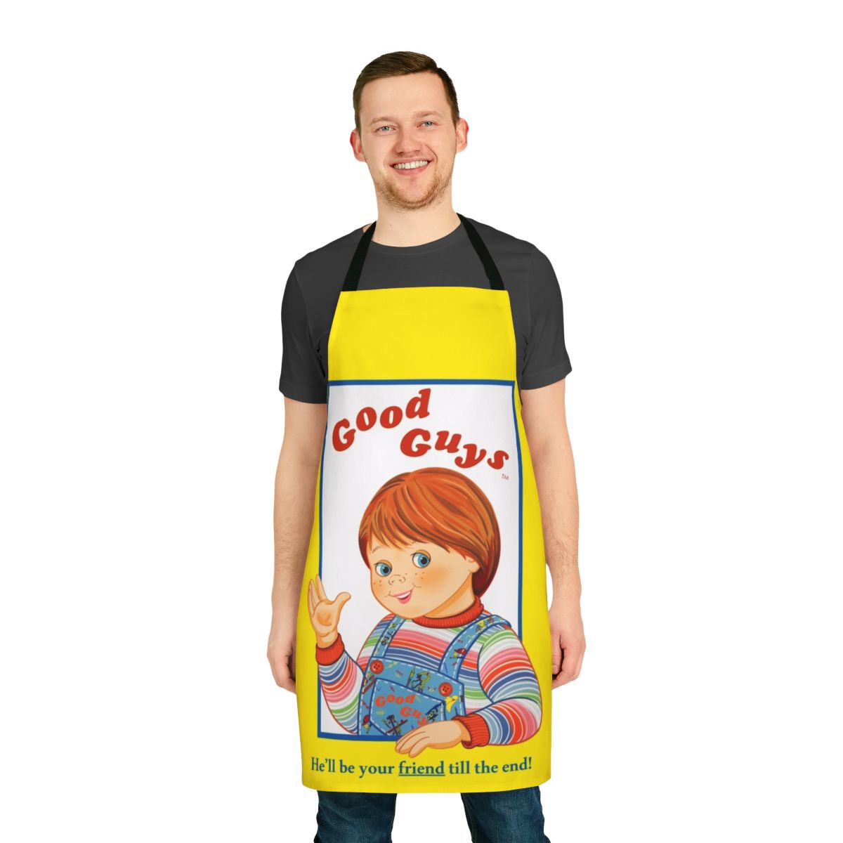 Chucky-inspired apron featuring the Good Guys doll from the Child's Play horror movie franchise