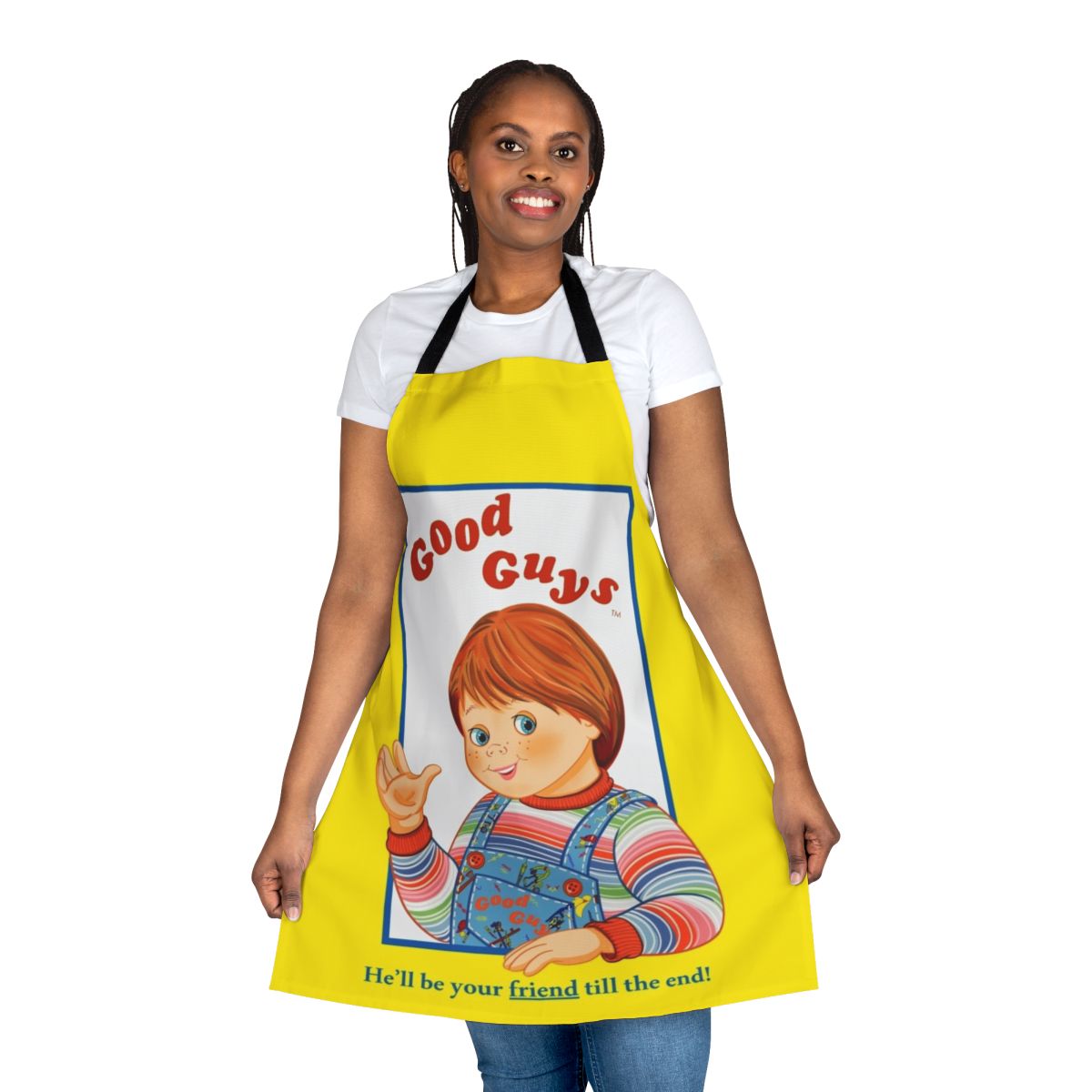 Chucky-inspired apron featuring the Good Guys doll from the Child's Play horror movie franchise