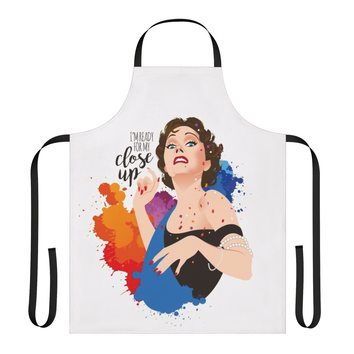 Close-up view of a high-quality apron featuring a classic Hollywood cinema design