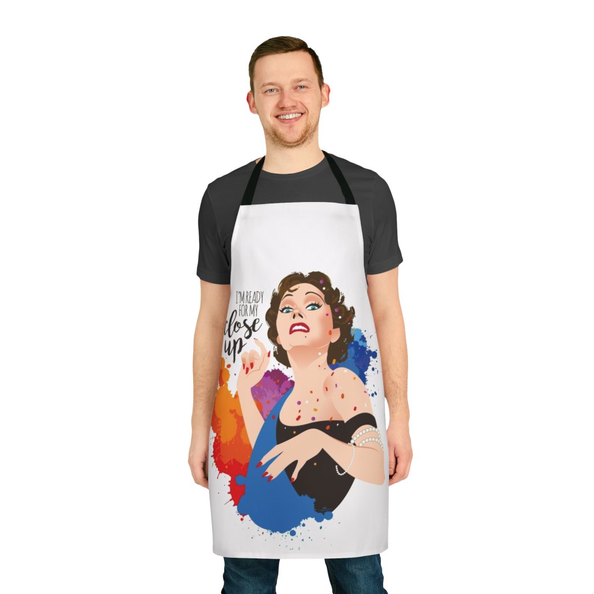 Close-up view of a high-quality apron featuring a classic Hollywood cinema design