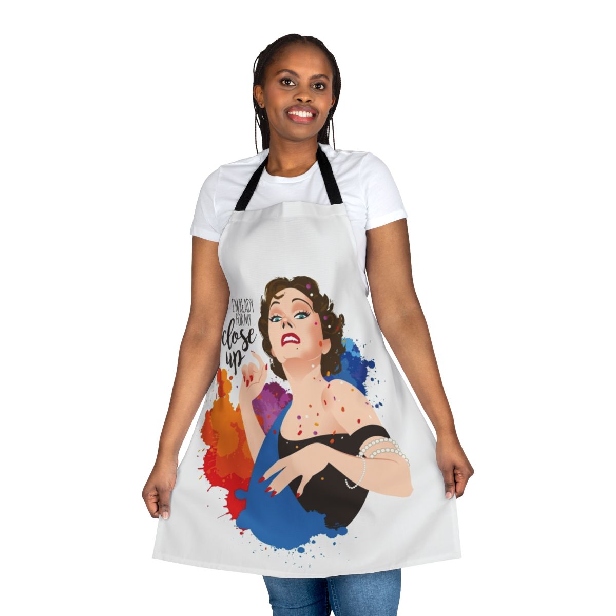 Close-up view of a high-quality apron featuring a classic Hollywood cinema design