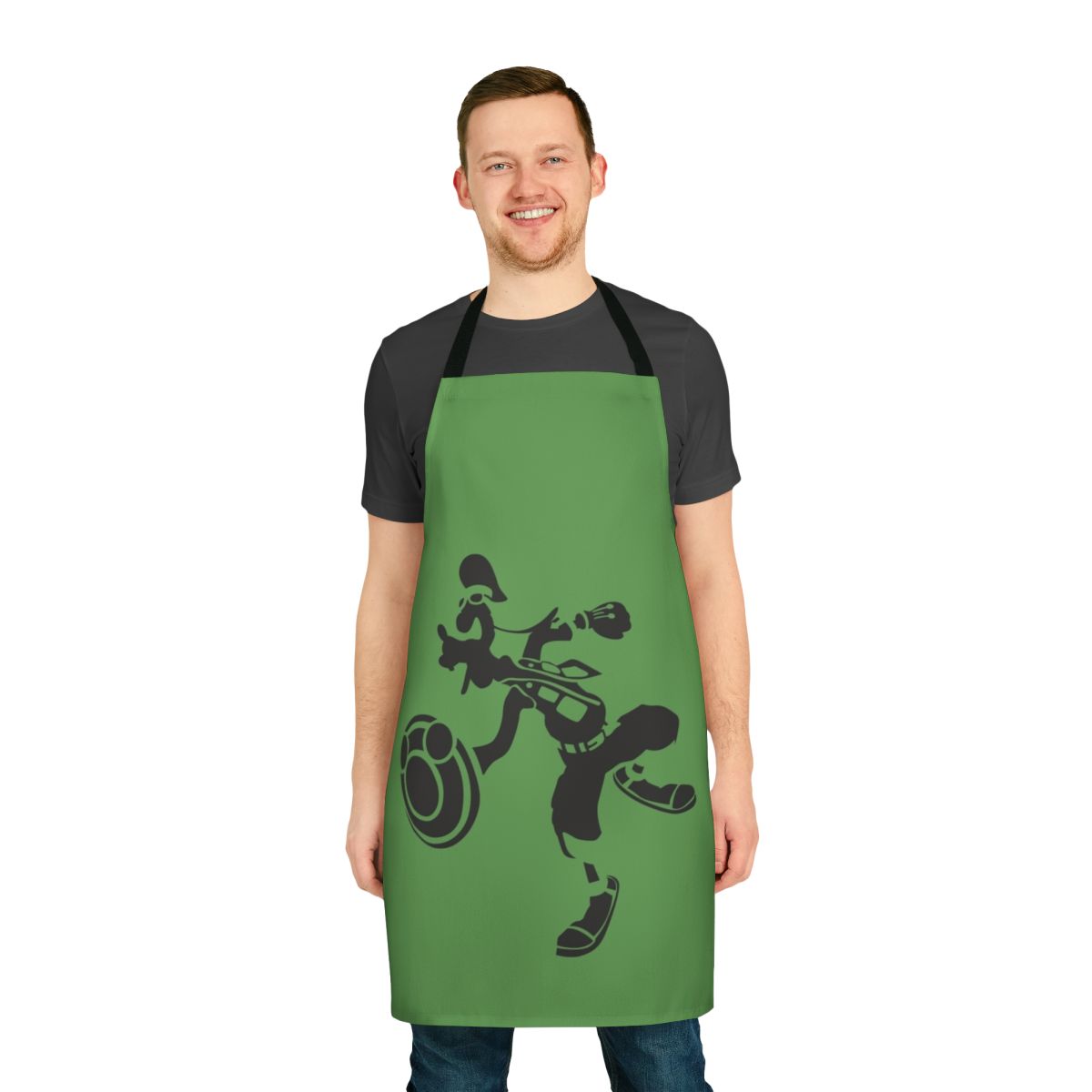 Goofy-themed apron with cinematic and video game design elements