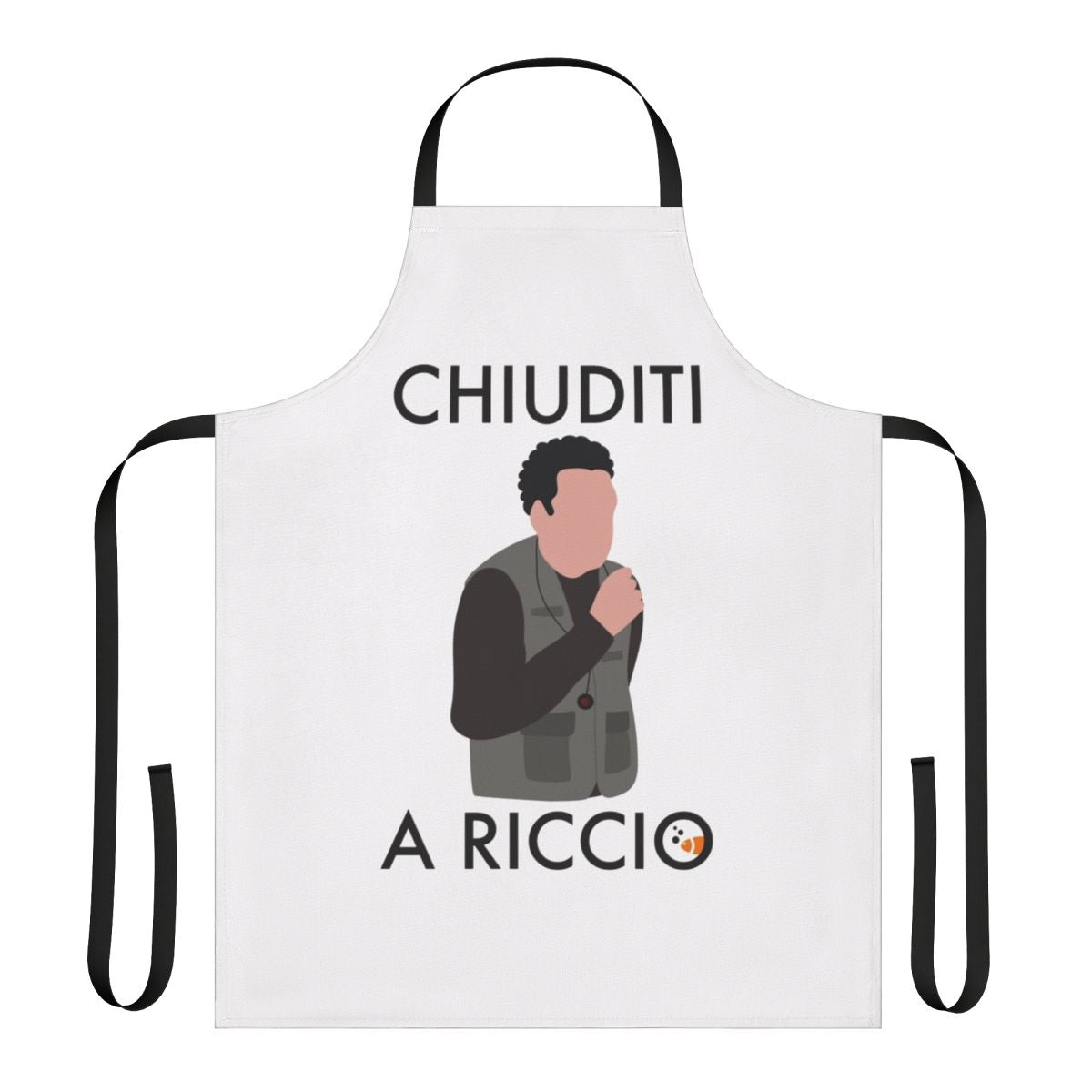 Apron with stylized designs featuring Duccio and Boris, characters from a TV series