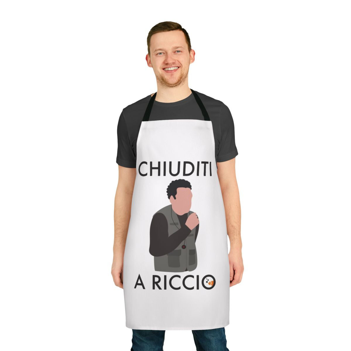 Apron with stylized designs featuring Duccio and Boris, characters from a TV series