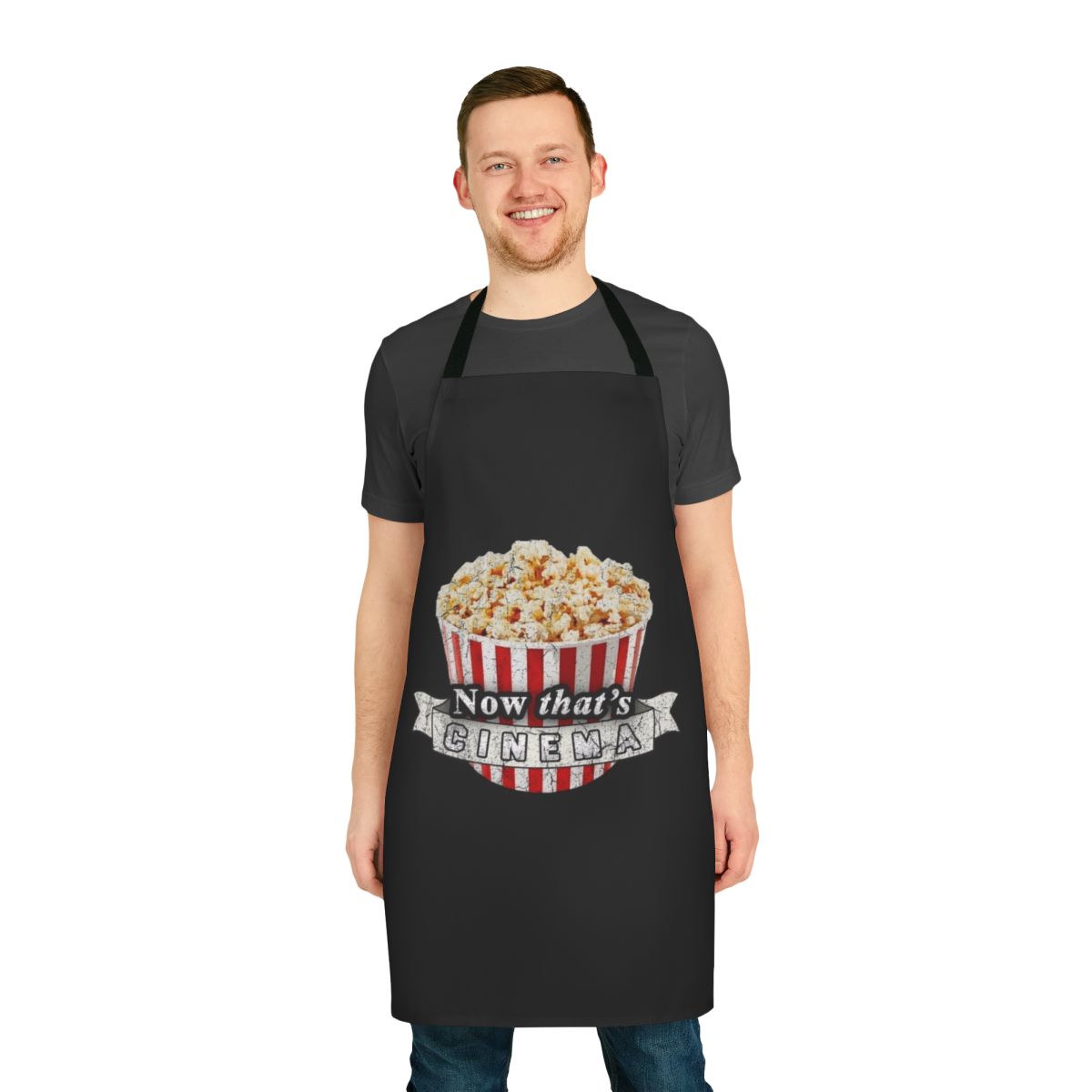 A stylish movie-themed apron for film and popcorn enthusiasts
